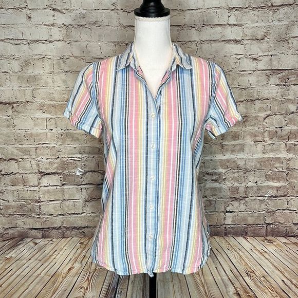 Harper Heritage Multi Striped Button Front Top Pink Blue Cotton Size Small - Picture 1 of 5